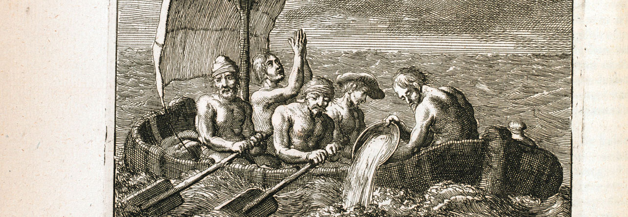 Image of a black and white illustration depicting five men in a very small sailing boat on stormy seas. Three of the men are trying to row, one is praying, and the final one is bailing water out of the boat with a bucket.