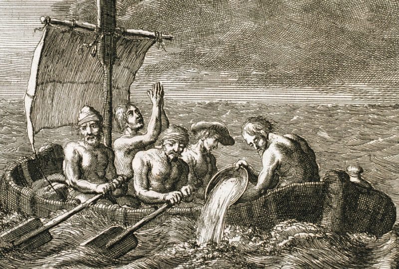 Black and white drawing of five men in a small sailing boat in rough seas. Three are rowing, one is praying, and one is using a bucket to bail out water.