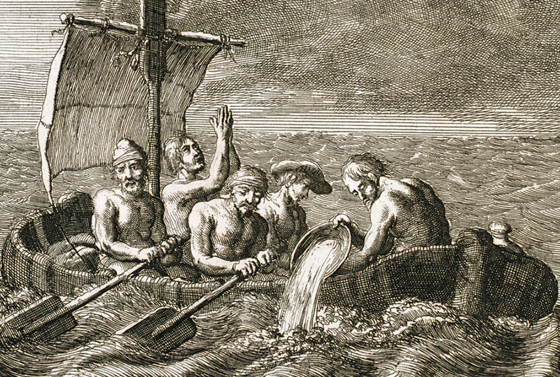 Black and white illustration of five men in a very small sailing boat on stormy seas. Three of the men are trying to row, one is praying, and the final one is bailing water out of the boat with a bucket.