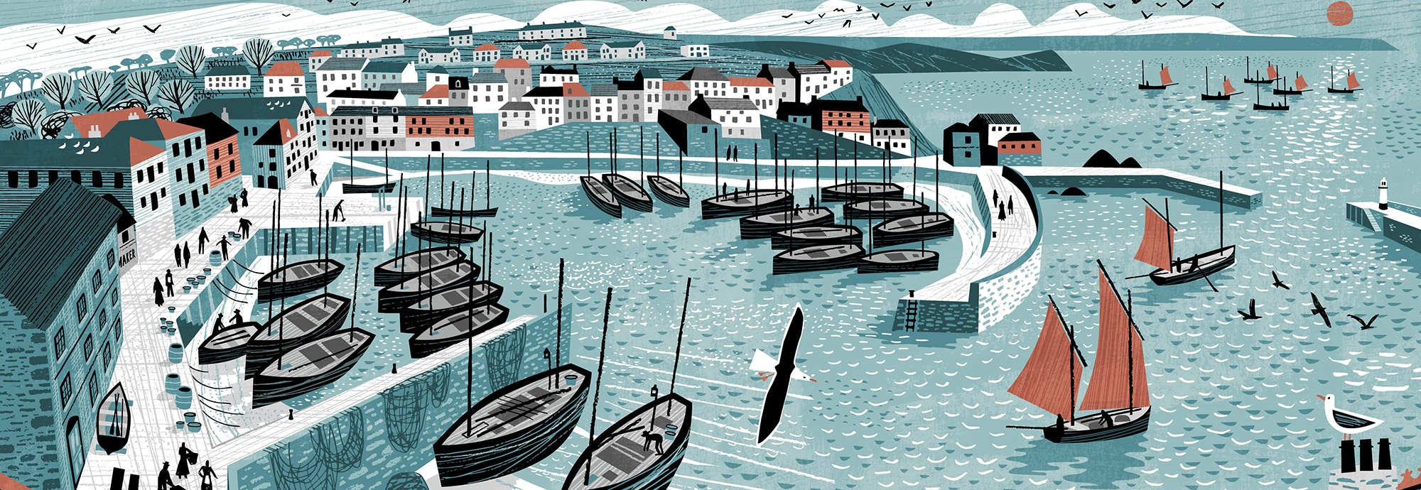 Illustration of Mevagissey harbour. There are houses dotted on the hillside, people walking along the harbour front, some ships moored in the harbour, and some out at sea.