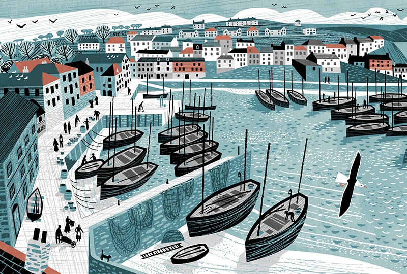 Illustration of Mevagissey harbour. There are houses dotted on the hillside, people walking along the harbour front, and ships moored in the harbour.