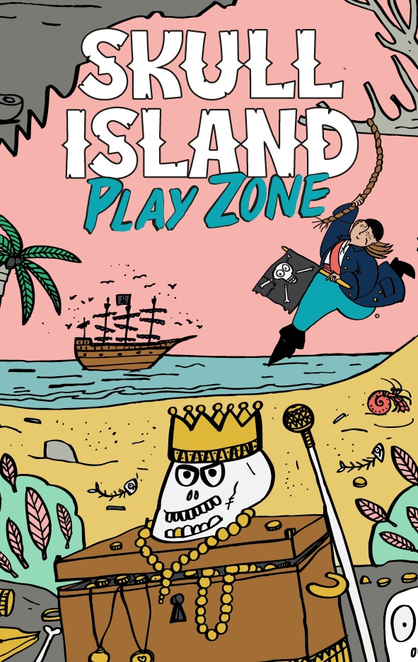 Digital artwork promoting the Skull Island Play Zone. A skull wearing a crown sits on top of a treasure chest, a pirate swings from a rope, and a pirate ship sails by in the background. The words 'Skull Island Play Zone' are written across the top.