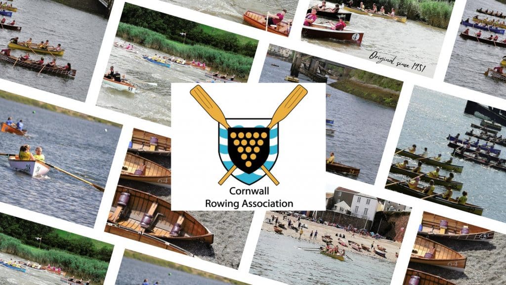 The Cornwall Rowing Association logo made up of two crossed oars behind the Cornish coat of arms. The logo is layered in front of a collage of colour photos people rowing and of rowing boats.