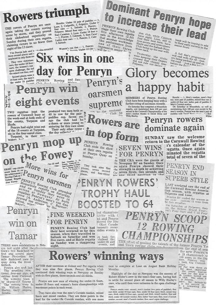 A collage of newspaper clippings describing the Penryn Rowing Club's successes.