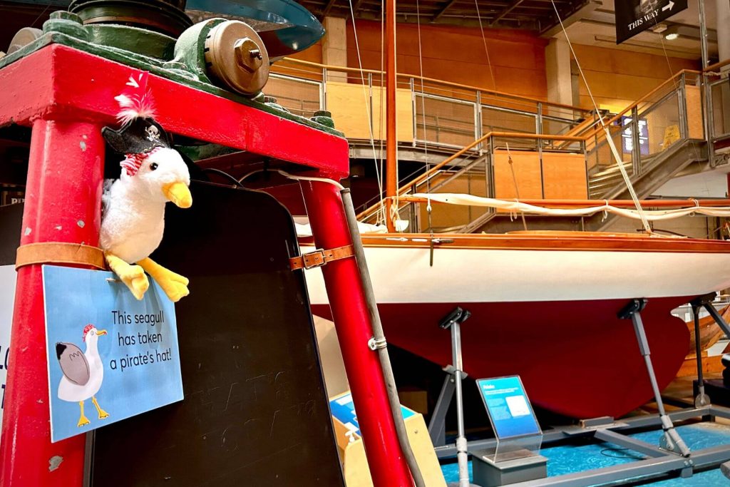 A photo from the cheeky seagull trail at National Maritime Museum Cornwall. A plush seagull is wearing a pirate hat and perched next to a sign that says, "This seagull has taken a pirate's hat!" The photo is taken in the Museum's Main Hall.