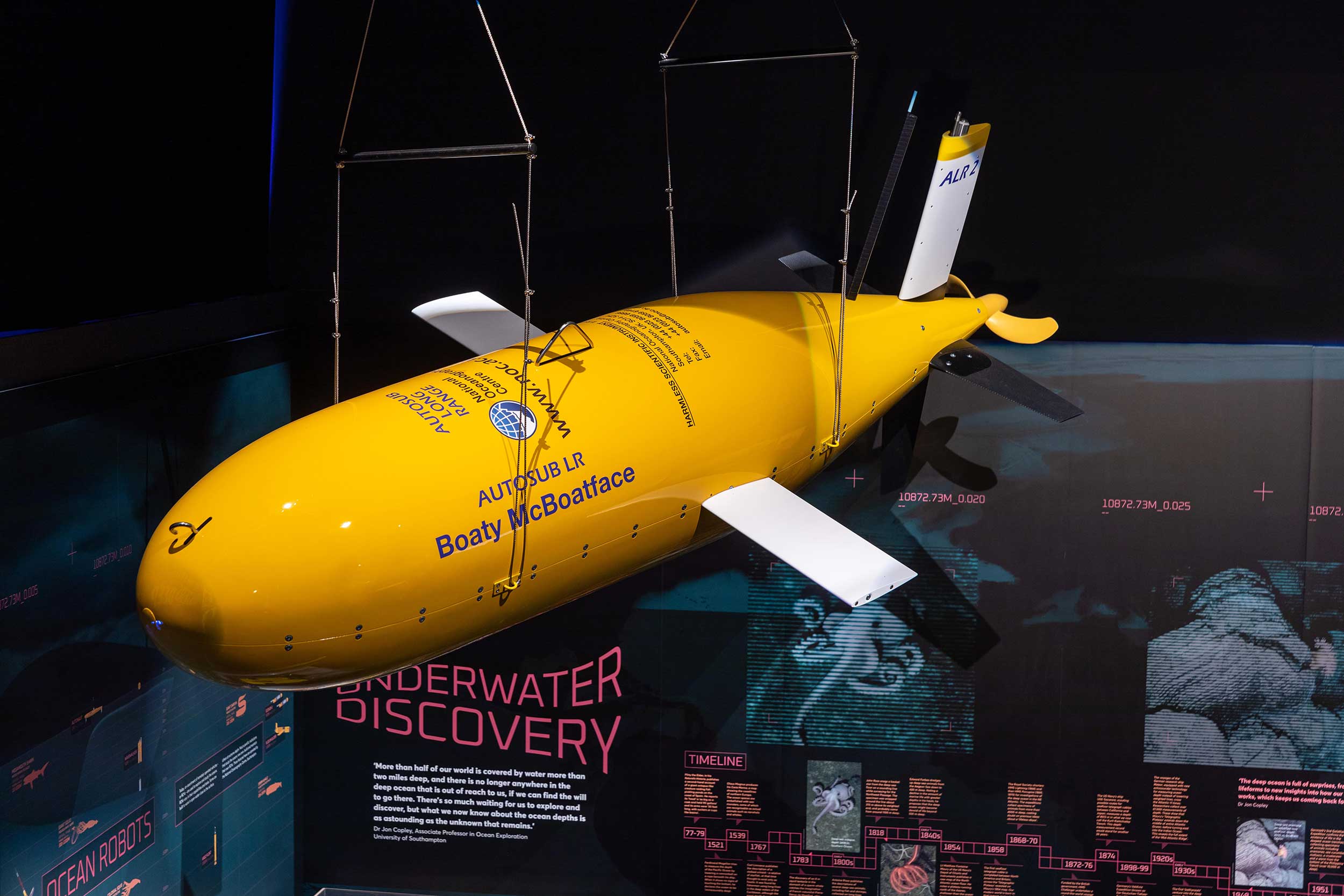 Photo of the model 'Boaty McBoatface' autosub, suspended from the ceiling as part of the Museum's 'Monsters of the Deep' exhibition.