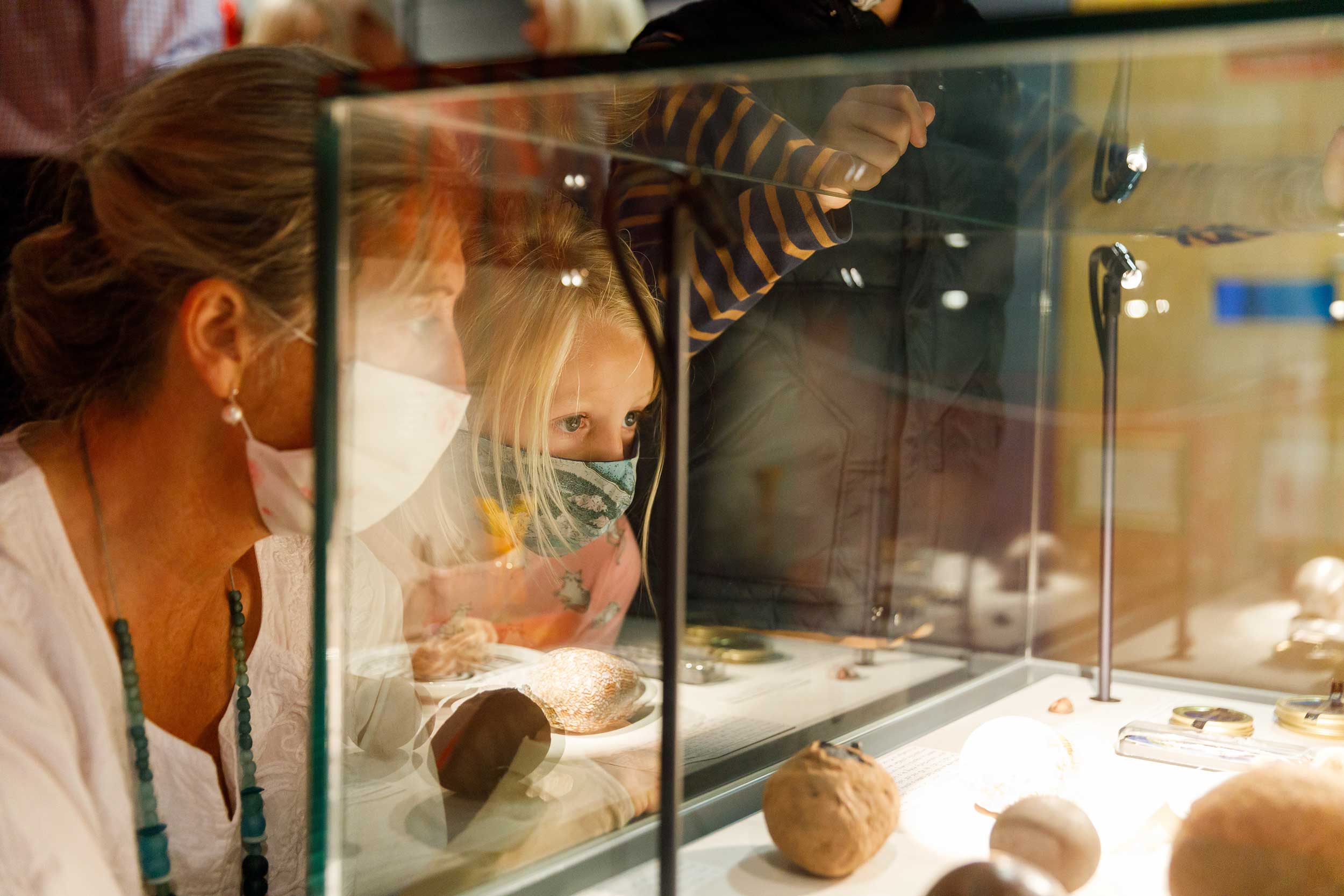 A woman and a young girl, both wearing masks, peer at objects on display in a cabinet in the Museum's 'Monsters of the Deep' exhibition.