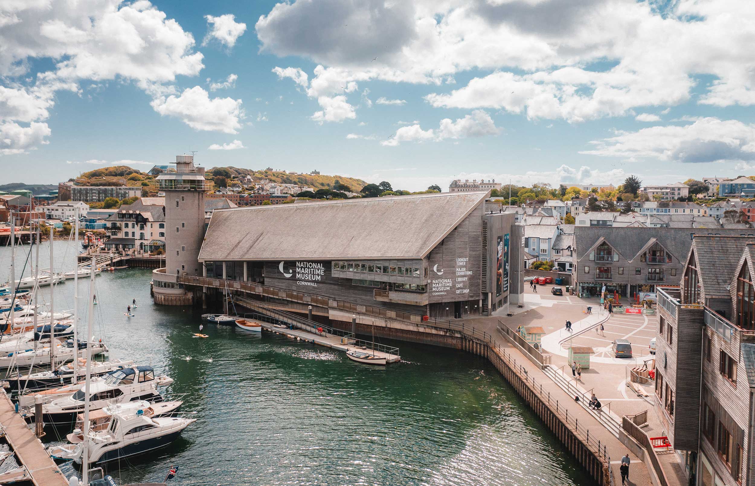 Exterior aerial photo of National Maritime Museum Cornwall, in Falmouth. Pictured on a sunny day.