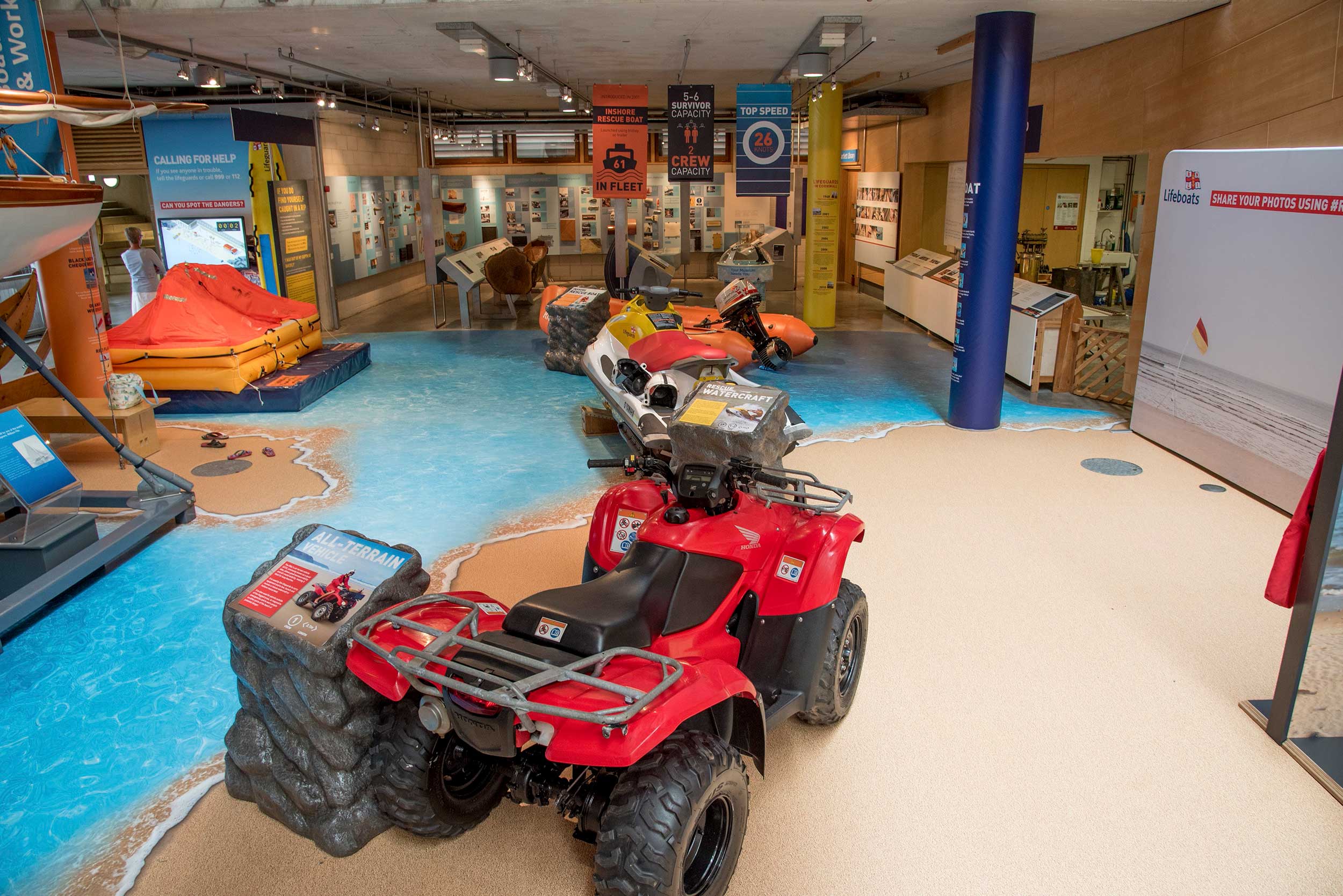 Photo of the Museum's RNLI Rescue Zone, featuring a quad bike, jet ski and a lifeboat dinghy.