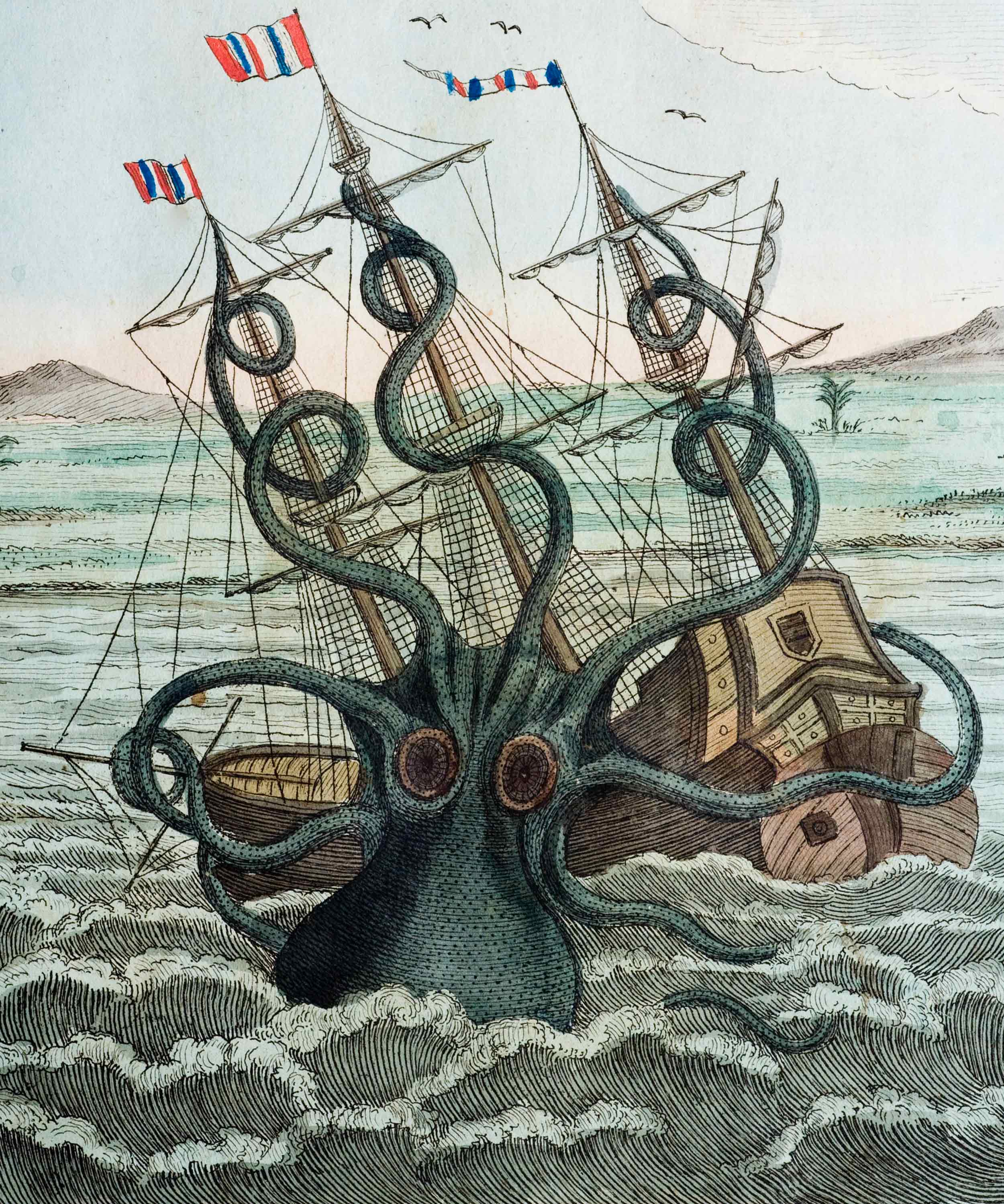 A drawing of a colossal octopus attacking a ship.