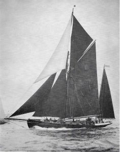 A black and white photo of the ship Moyana at sea, a ketch of 103 tons Thames measurement, entered by the School of Navigation, Southampton, winner of the principal award in the 780-mile race.