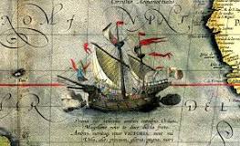 An illustration of Juan Sebastian Elcano’s ship, the ‘Victoria’, shown on an old map.