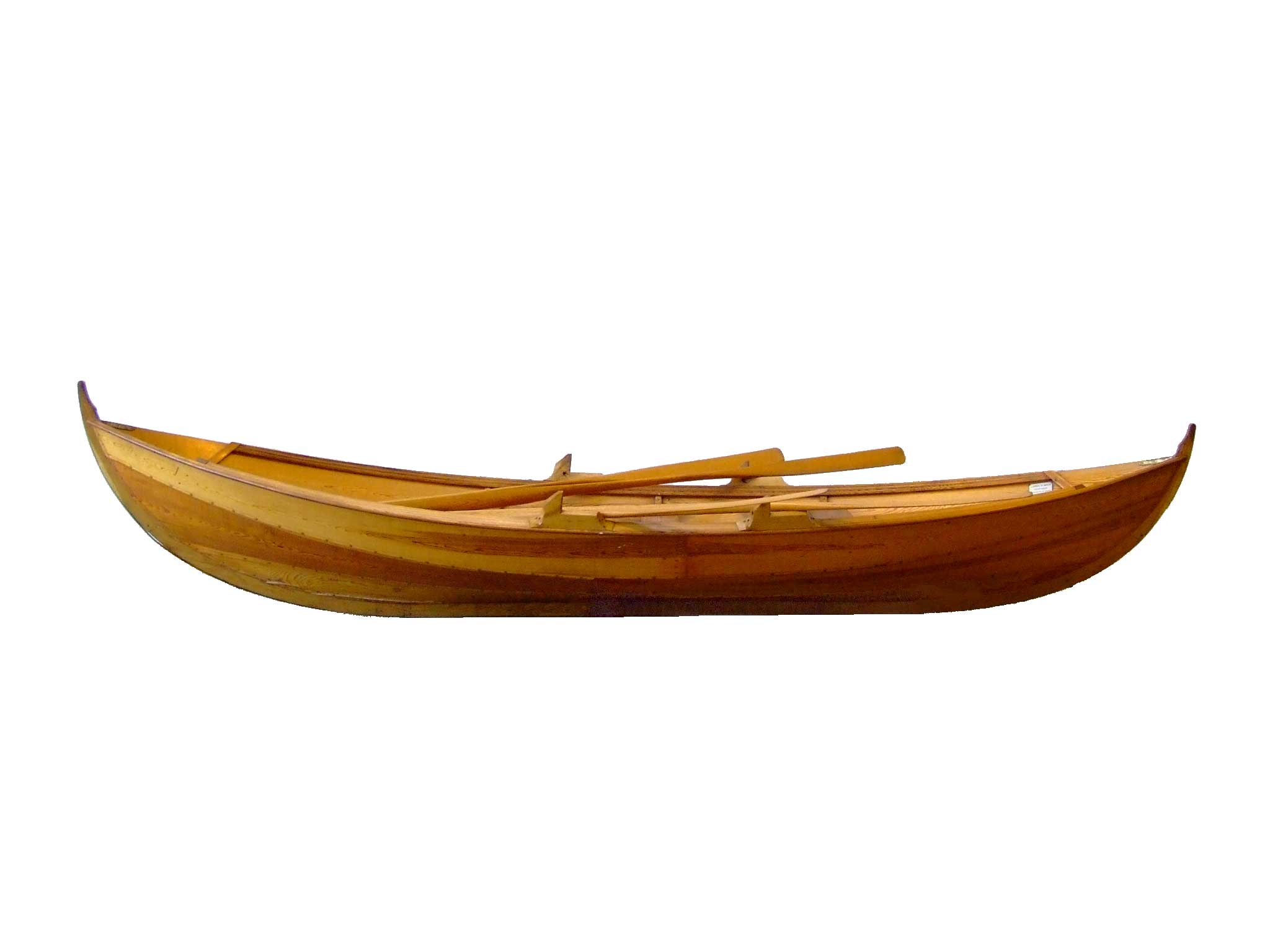 A scan of the Oselvar on a plain white background. A simple wooden boat, with graceful lines, descended from an expanded and extended dugout, and built with overlapping planks.