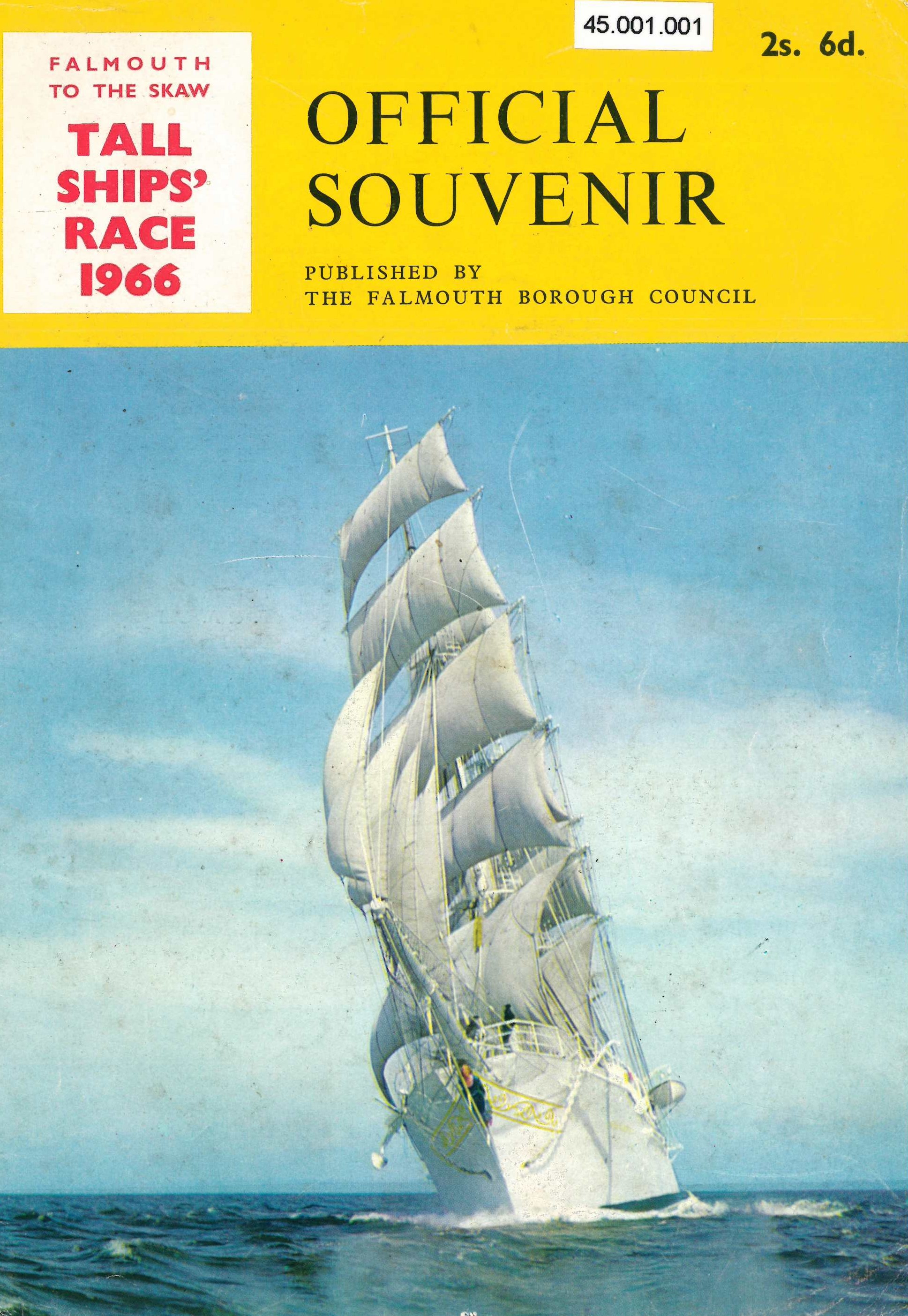 A scan of the official souvenir programme for the 1966 Tall Ships Race from Falmouth. The scan is of the front cover, which depicts a white tall ship on the ocean.