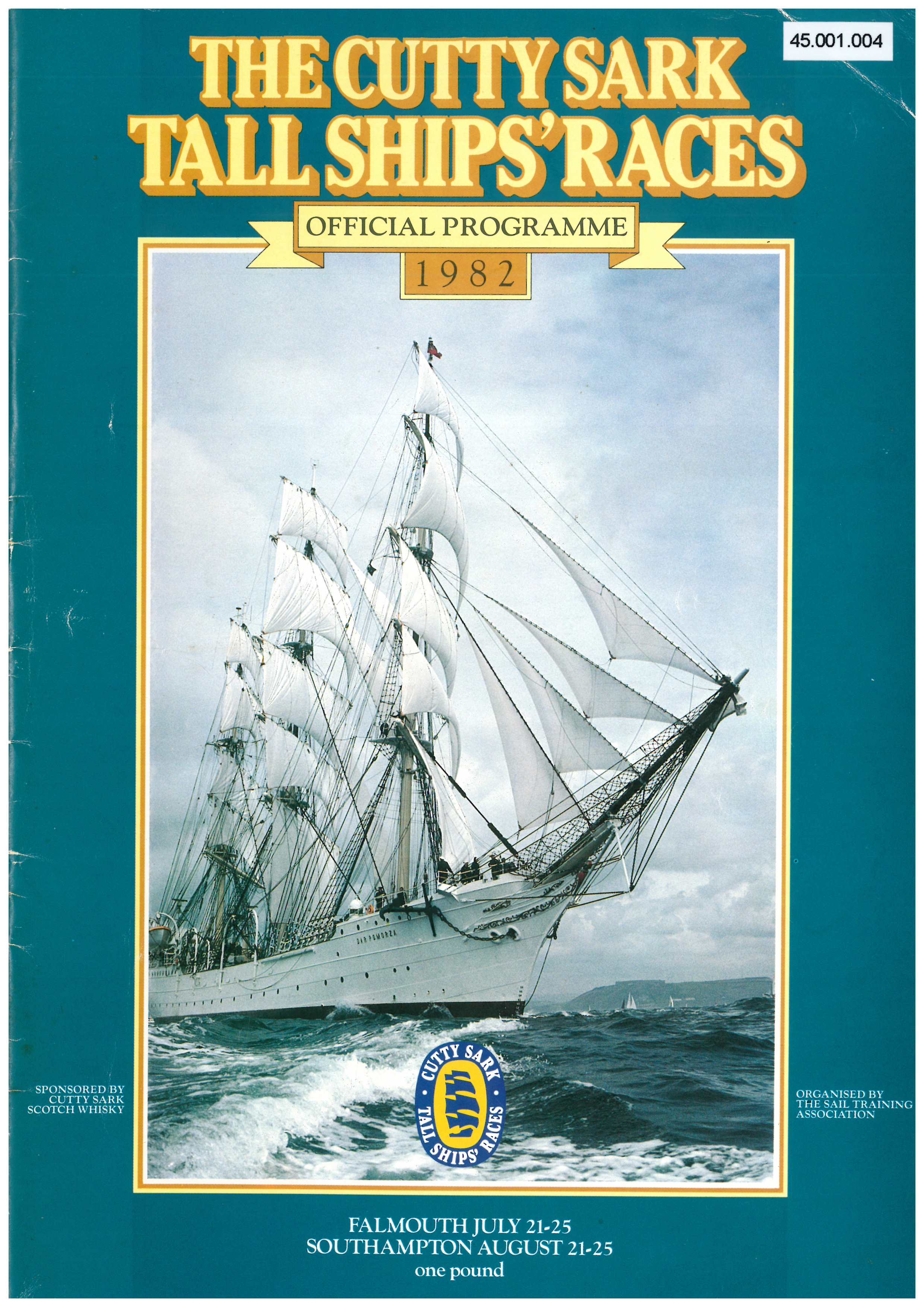 A scan of the official programme for the 1982 Cutty Sark Tall Ships Races from Falmouth. The scan is of the front cover, which features a photo of a white tall ship sailing on a dark blue sea.