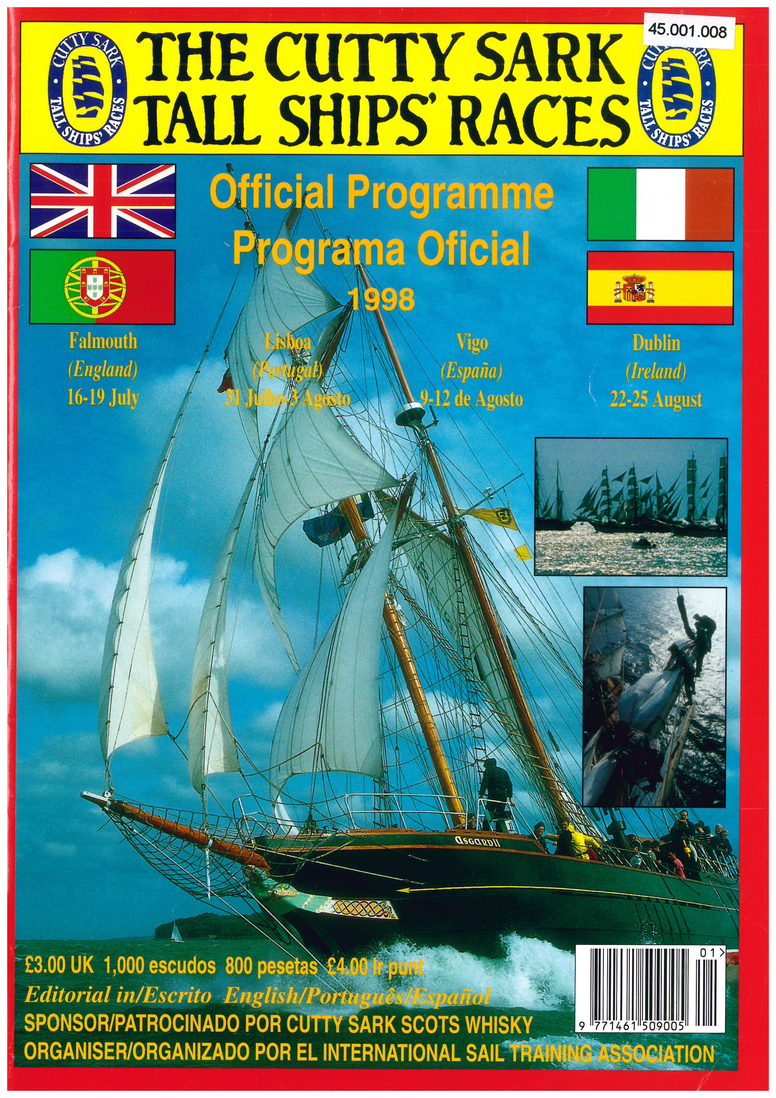A scan of the official programme for the 1998 Cutty Sark Tall Ships race from Falmouth. The scan is of the front cover, which features a photo of a green sailing ship and two smaller photos taken of sailing ships on the ocean.