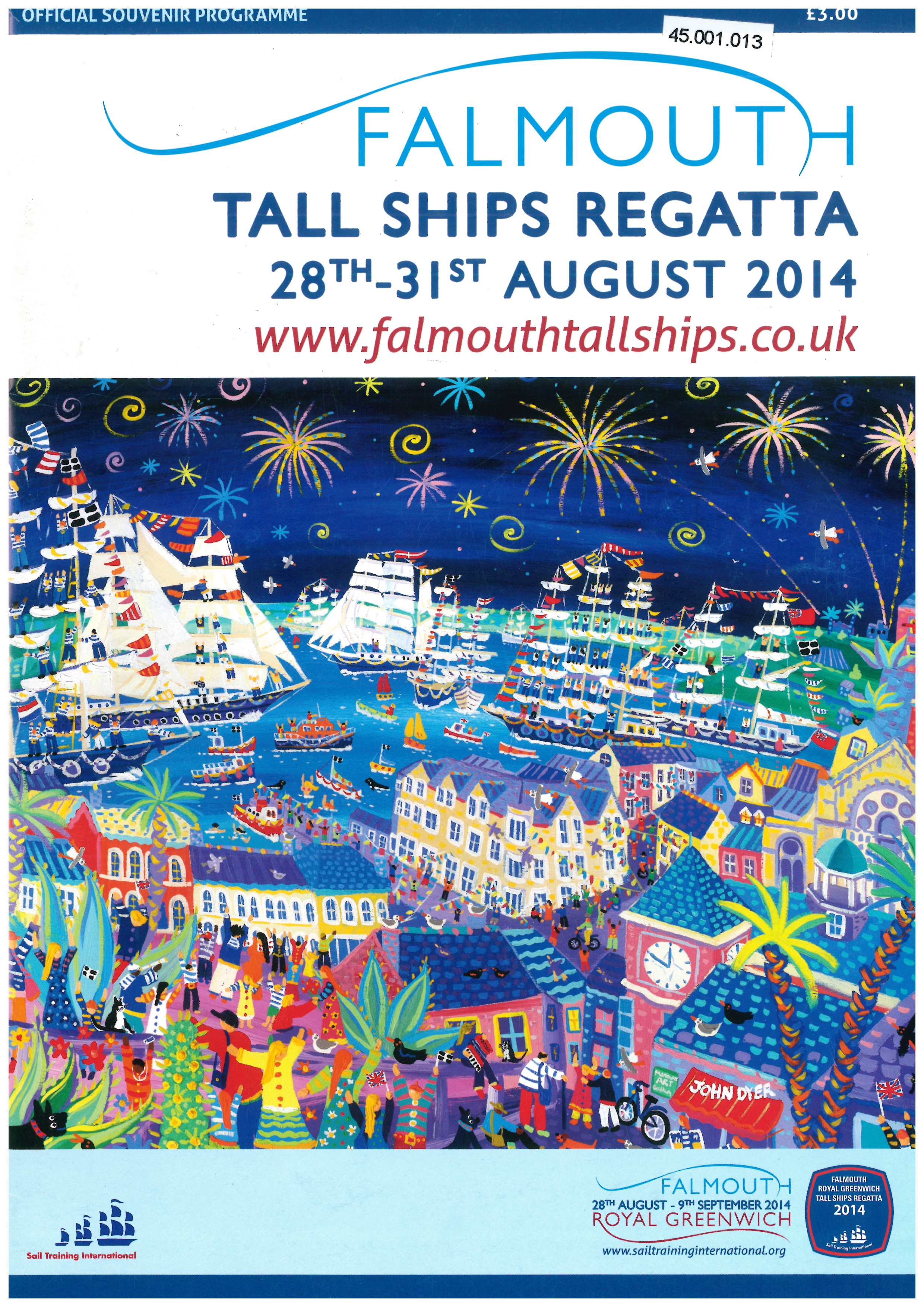 A scan of the official programme for the 2014 Tall Ships Regatta in Falmouth. The scan is of the front colour, which features a brightly coloured illustration of tall ships in Falmouth harbour, with a dark blue night sky and peppered with fireworks.