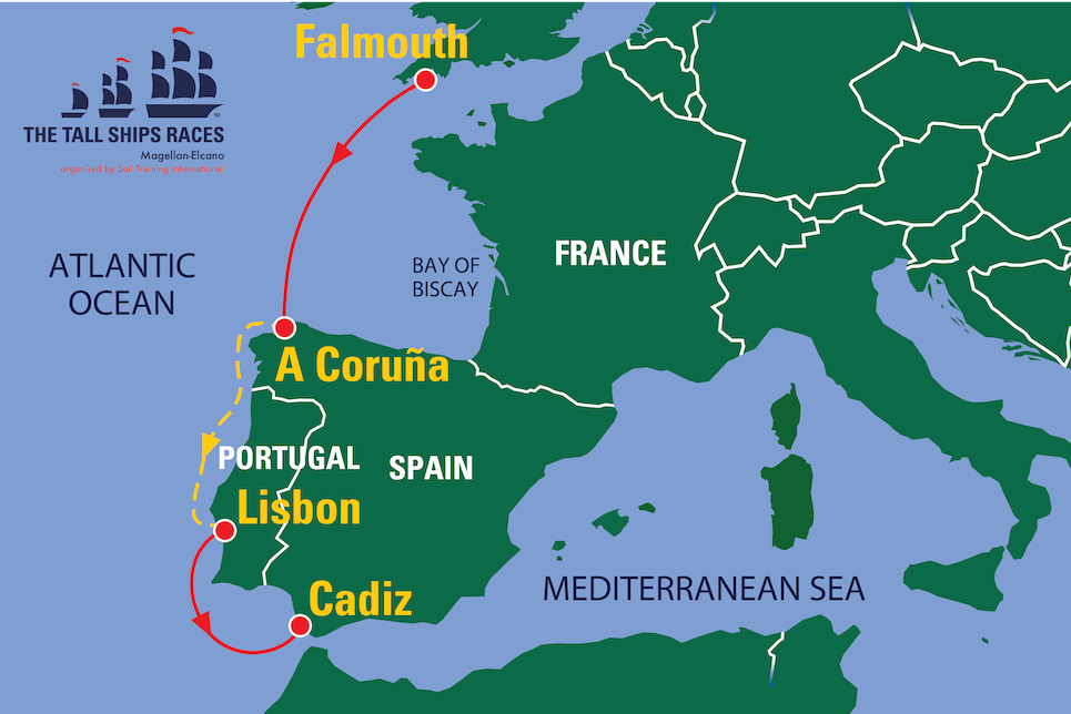 A map of the route of the 2023 Tall Ships Race. The map is a graphic of Europe, showing the trail leading from Falmouth to A Coruna, Lisbon, and finishing at Cadiz.