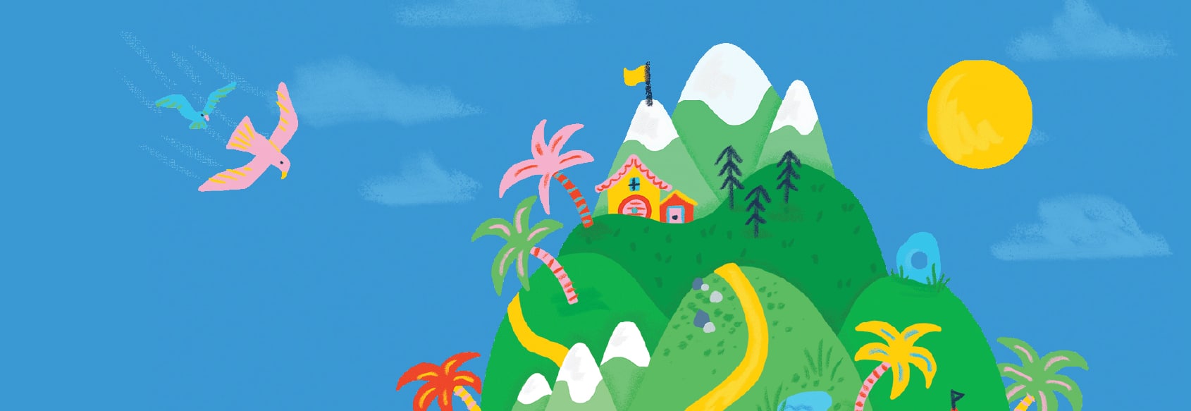 The colourful illustration used to promote Arthur's Club featuring green hills, mountains, palm trees and flying birds.