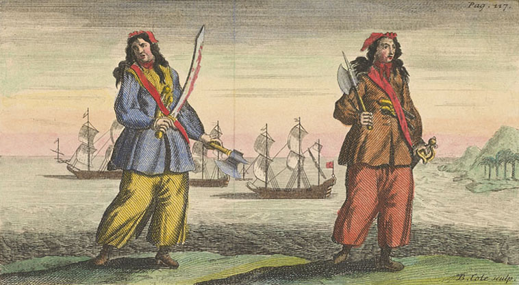 A coloured engraving of pirates Ann Bonny and Mary Read taken from the General History of the Pyrates book.