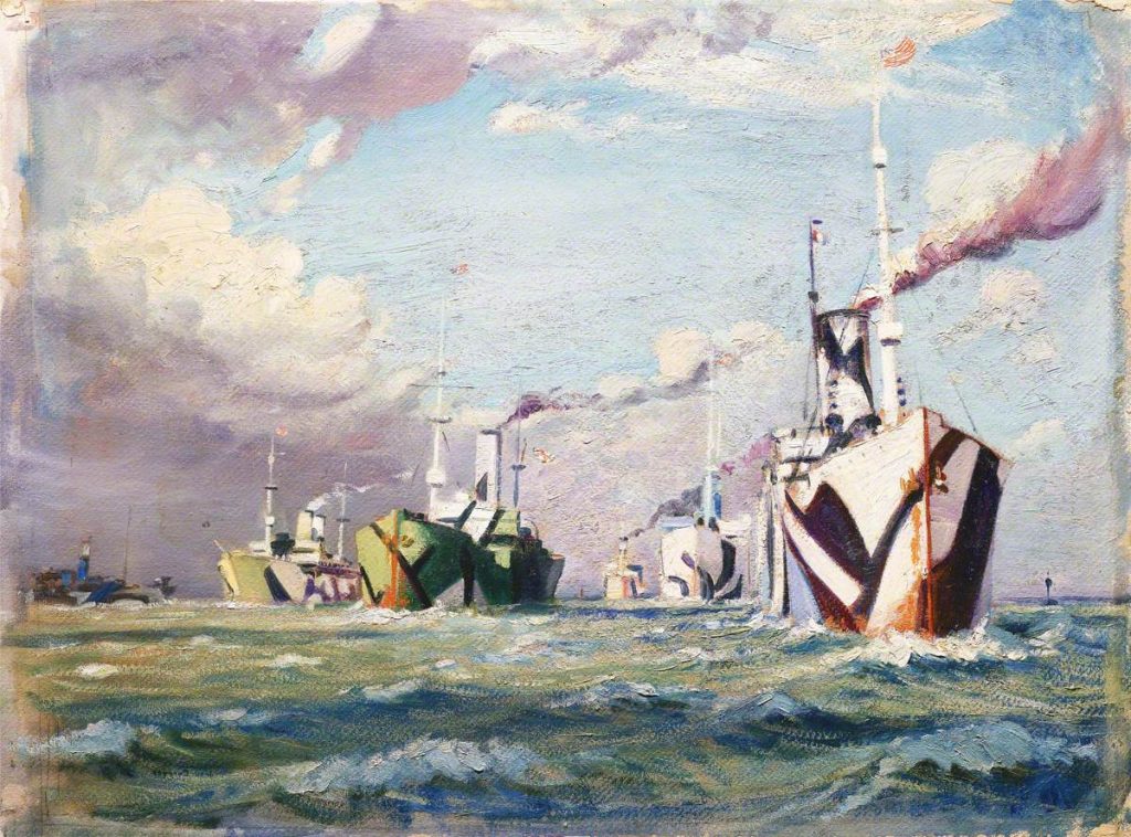 A painting of a convoy of ships on the ocean during WW1.
