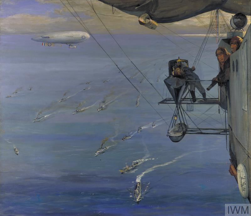 An aerial view from an airship looking down onto a convoy in the North Sea. Two airmen look out towards the lower left of the composition, and another walks out onto the rigging behind them.