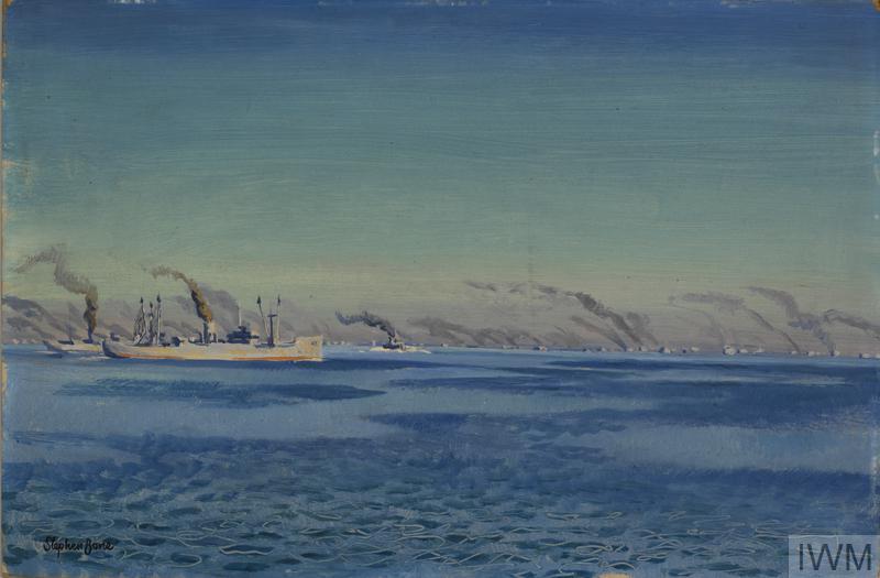 A painting of a convoy of ships on the horizon with plumes of smoke rising into the sky.