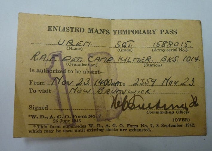 A photo of Benjamin Uren's pass for a visit to New Brunswick.