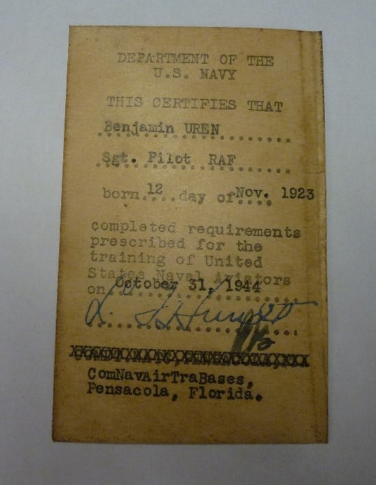 A photo of Benjamin Uren's Pilot/Naval Aviator's Certificate.
