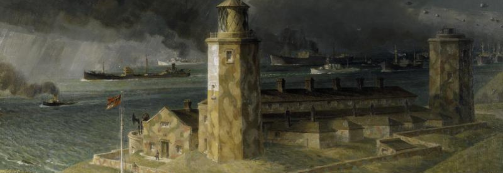 A convoy of assorted merchant shipping sails past the lighthouse and buildings of Lizard Point, with the latter in the immediate foreground. There are barrage balloons above and the sky is dark grey, partly a result of cloud and partly due to smoke.