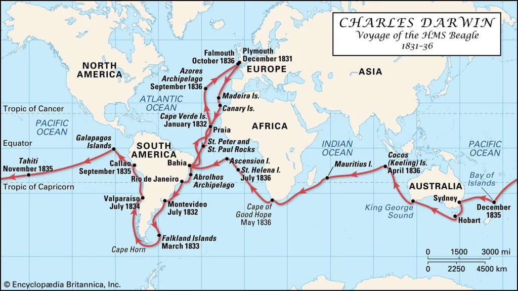 A map charting Charles Darwin's voyage around the world on the HMS Beagle.
