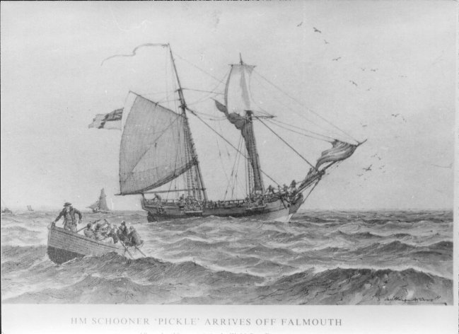Black and white picture of HM Schooner ‘Pickle’ arriving at Falmouth in 1805, Reproduced from a painting by William McDowell.