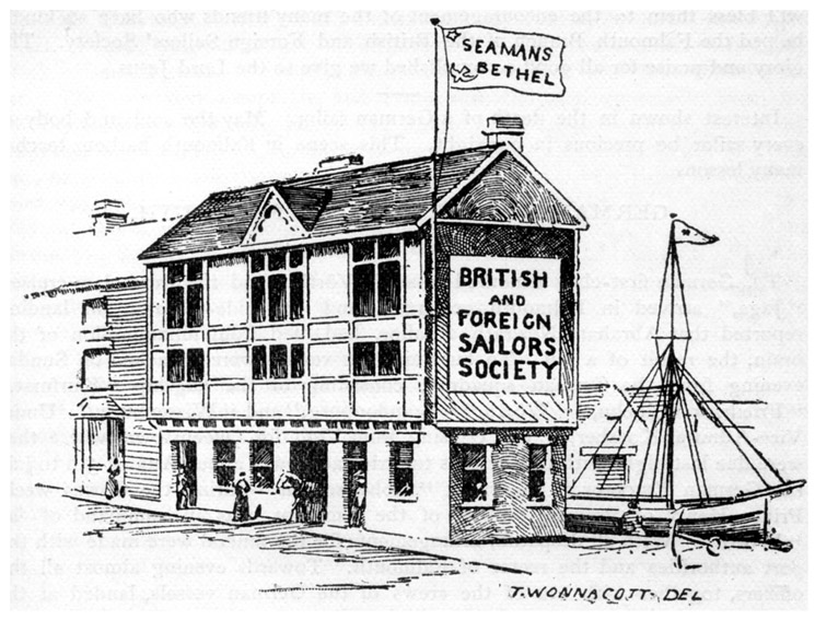 A black and white drawing of Falmouth Seamen’s Bethel (British and Foreign Sailors Society).