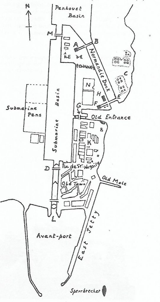 A black and white, hand-drawn diagram of the port and docks at St Nazaire.