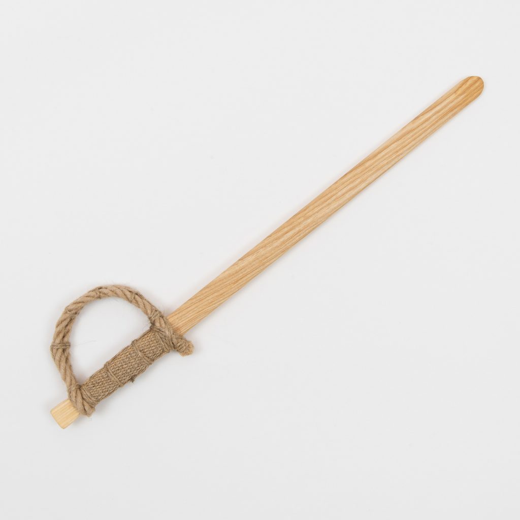 A children's wooden pirate play sword. Pictured on a white background.