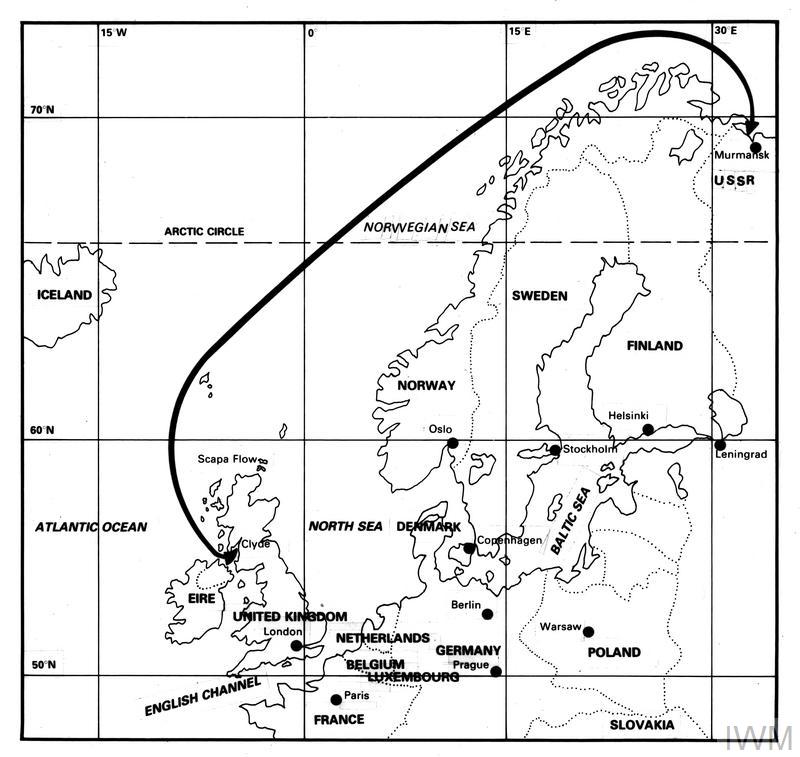 A black and white map showing the route taken by the Arctic Convoys of World War II.