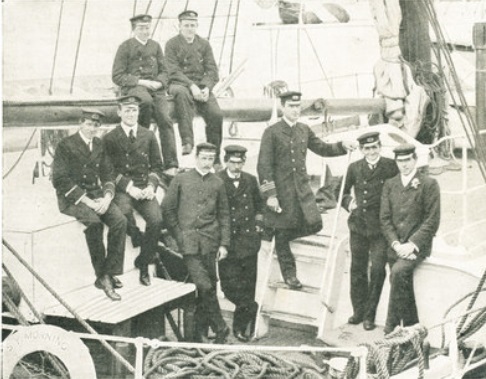 A black and white photo of Captain Colbeck and some of the officers of Morning before sailing from London 1902.