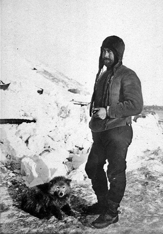 A black and white photo of William Colbeck in the Antarctic on the Southern Cross Expedition.