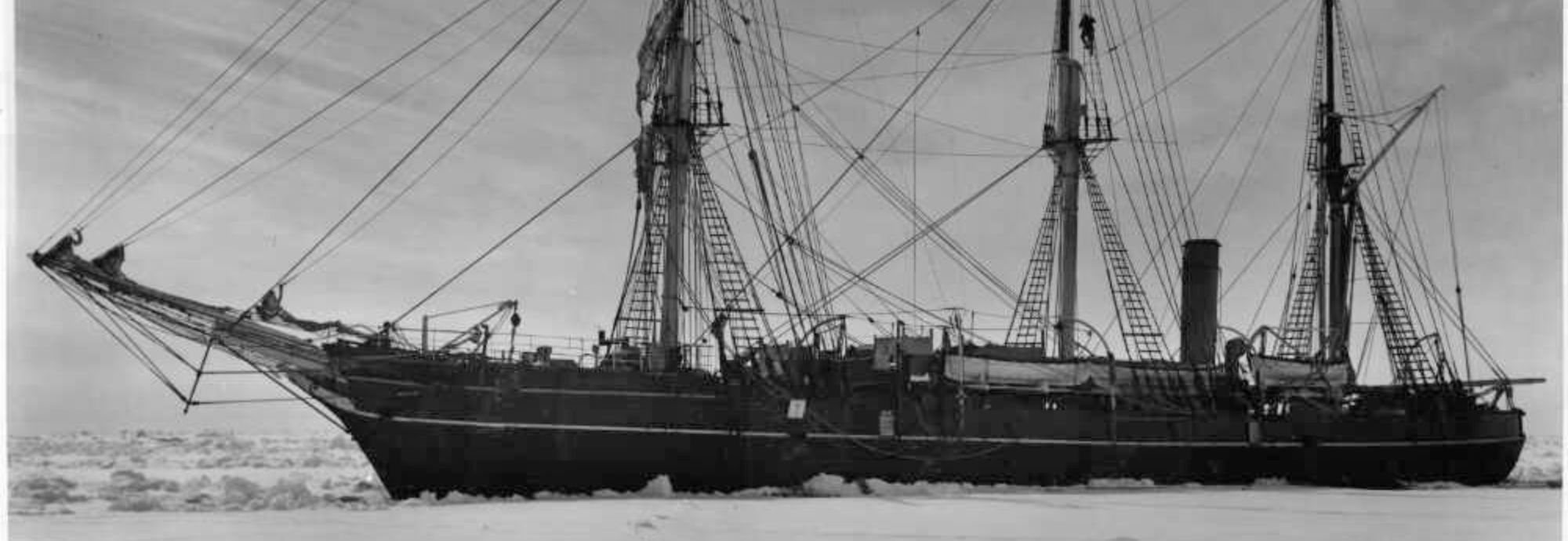 A black and white photo of Discovery in the Antarctic Pack Ice.