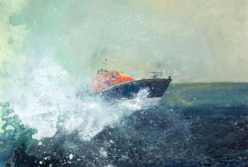 Kurt Jackson's painting, 'Punching Through'. It depicts an RNLI lifeboat crashing through a wave.