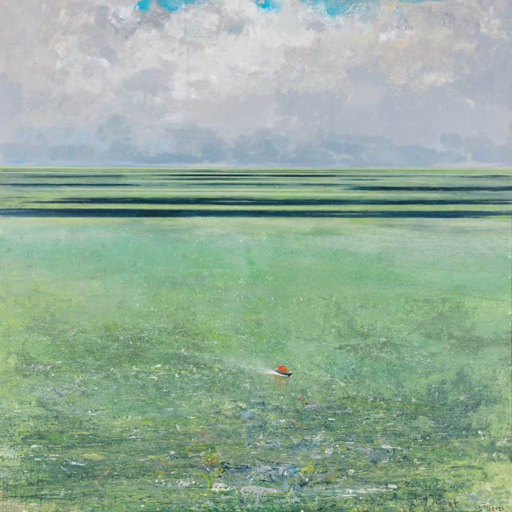 Kurt Jackson's painting, 'Toy Boat'. It depicts an RNLI lifeboat sailing in the middle of a large expanse of green ocean.