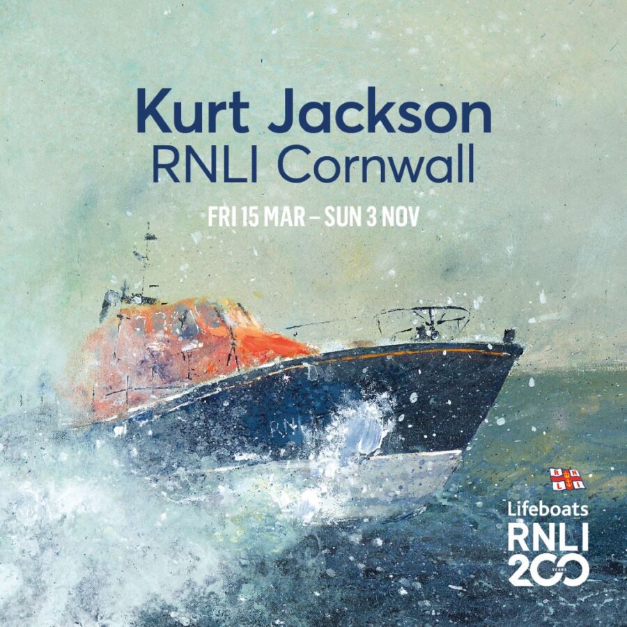 Kurt Jackson's painting, 'Punching Through'. It depicts an RNLI lifeboat crashing through a wave.