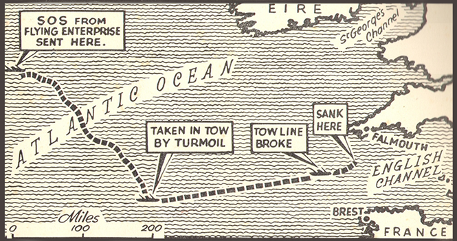 A map of the Flying Enterprise's journey from its point in the Atlantic where it signalled an SOS call.