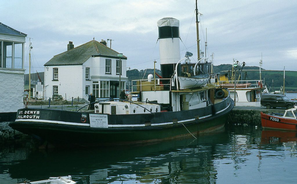 Falmouth tug St Denys moored as a museum tug in the Town Quay basin in Falmouth. Taken during October 1981.