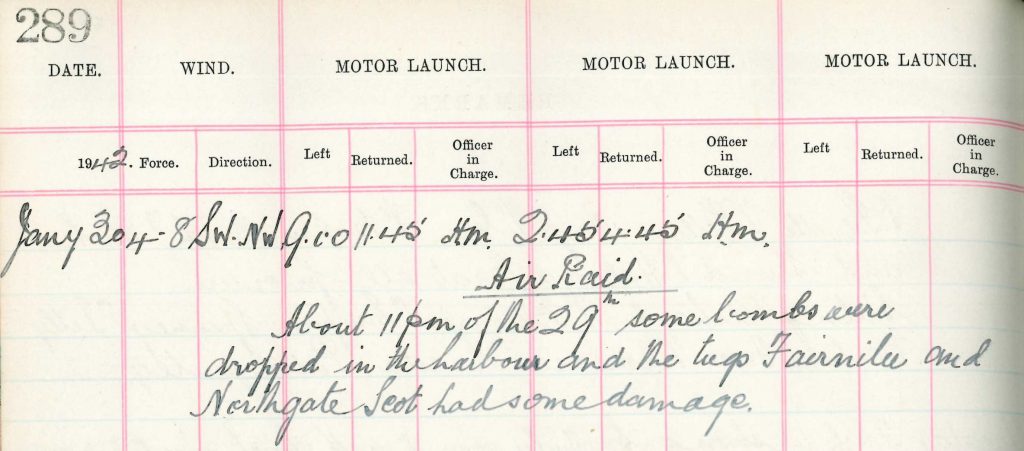 Entry in Port of Falmouth Harbour Master’s Journal No. 26 recording damage to Fairnilee and Northscot Scot during an air raid in Falmouth on 29 January 1942.