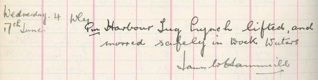 Journal entry detailing that Lynch ended service in 1967 after 43 years in the port and was towed away by the tug Warrior in 1968 to be scrapped at Haulbowline breakers’ yard at Cobh, County Cork, Ireland.
