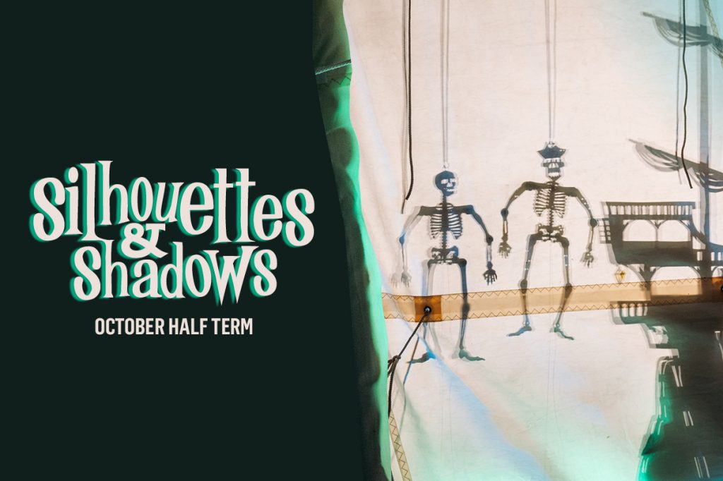 Promotional graphic for NMMC's Silhouettes & Shadows October half term show, featuring two puppet skeletons and a pirate ship.
