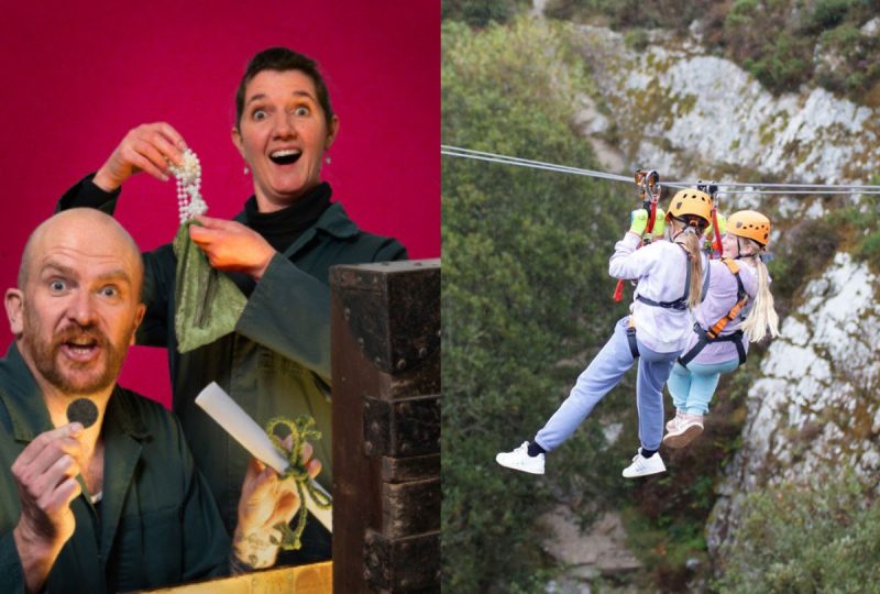 A collage of NMMC's Easter show promo poster and two children on a zipwire at Via Feratta.