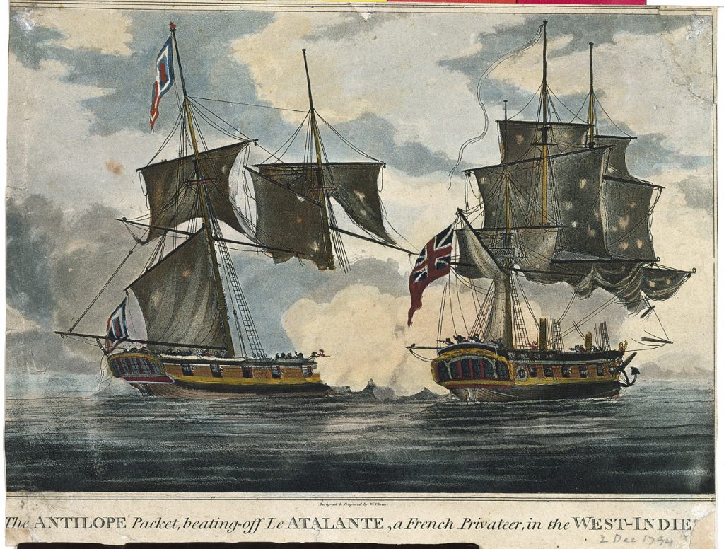 The 'Antilope Packet' beating off 'Le Atalante' a French privateer in the West Indies' by William Elmes (artist); John Fairburn (publisher) 1797.