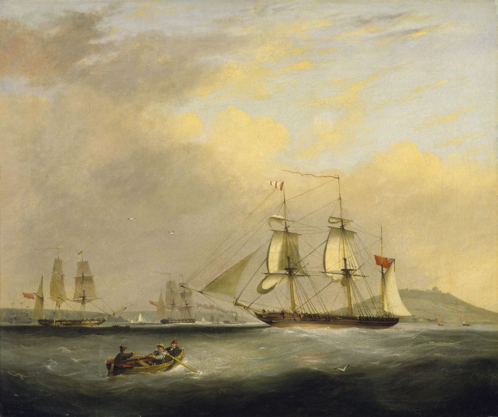 Painting of HM Packet Sheldrake, Lieutenant Passingham Commander, entering Falmouth Harbour.